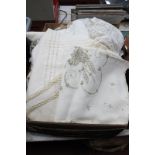 Vintage White Linen, including tablecloths, mats, etc:- One Box