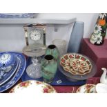 Blue Glass Vase, 33.5cm high, tazzas, water jug, London clock, etc:- One Tray