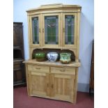 Early XX Century Pine Continental Cabinet, the angular fronted top with leaded glazed panels to