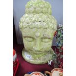 Terracotta Pottery Buddha's Head, in a mottled green glaze, 33cm high.