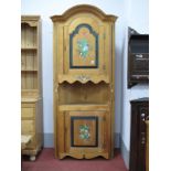 Pine Double Height Corner Cupboard, with arched top, central open compartment, Vino painting to