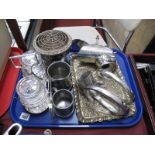Silver Plated Sugar Helmet, twin glass pickle jars in plated stand, embossed tray, stylised animal