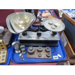 French Scales, to weigh 1lb, with marble and ebonised base and brass tray, other case weights.