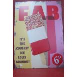 Advertising 'FAB' Ice Lolly Metal Wall Sign, 70 x 50cm.