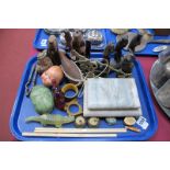 Pottery Cheshire Cat, brass easel, A M dolls head, Tribal vessel, chopsticks, etc:- One Tray