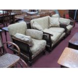 1920's Beech Framed Three Piece Lounge Suite, with bergered sides, upholstered in a gold floral