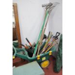 Green Plastic Wheelbarrow, quantity of garden tools including Spear & Jackson fork, garden edger,
