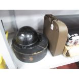 Black Painted Metal Helmet, stamped 'ESC', typewriter, classical records in case.