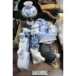 Lamp, decanters, horse head model, Sandicast Bernese mountain dog, etc:- One Tray