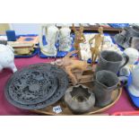 Bonsai Tree, cast iron openwork plates, pewter tankards, carved wooden figures, etc:- One Tray