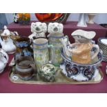 Losol 'Cromer' Chamber Pot, copper lustre and Art Nouveau jugs, (damages), Staffordshire dogs, etc:-