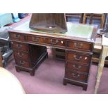 Mahogany Flat Top Knee Hole Desk, circa 1970's with tooled inset scriver, on two flights, each of