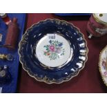 First Period Worcester Circular Dish, with wavy rim, handpainted floral centre, deep blue and gilt