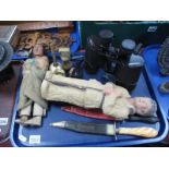 Two Bowie Style Daggers, Hanimex binoculars, dolls, weights, etc:- One Tray