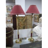 A Pair of Tall Contemporary Brass Table Lamps, with plum coloured feature and matching shades,