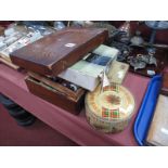 XIX Century Parquetry Inlaid Needlework Box (damaged), with contents including needles, thimbles,
