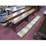 XIX Century Pine Topped Elongated Bench, having three vased shaped supports united by turned