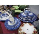 Matlock Dinner Ware, pail oval tureens, Willow Pattern meat plates and teapot, etc, approximately