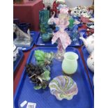 Venetian Carnival Figurine, latticino glass bowl, glass bunches of grapes, vase, etc:- One Tray