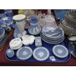Wedgwood Powder Blue Jasper Ware, jug, vase, boxes, trinkets, 'Ice Rose' ware, Copenhagen plates,