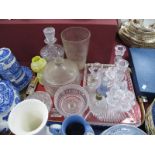An Etched Glass Celery Vase, cut glass decanter and stopper, biscuit barrel, dressing table set,