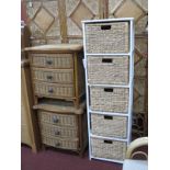 Pair of Wicker Bedside Chests of Three Drawers, 54cm wide, a five drawer tidy unit. (3)