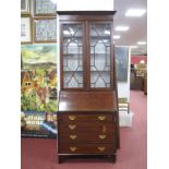 Edwardian Inlaid Mahogany Bureau Bookcase, with stepped pediment, astragal glazed doors, over fall