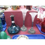 Pair of White Metal Weighted Epergne Stands, with differing glass flutes, etched turquoise glass