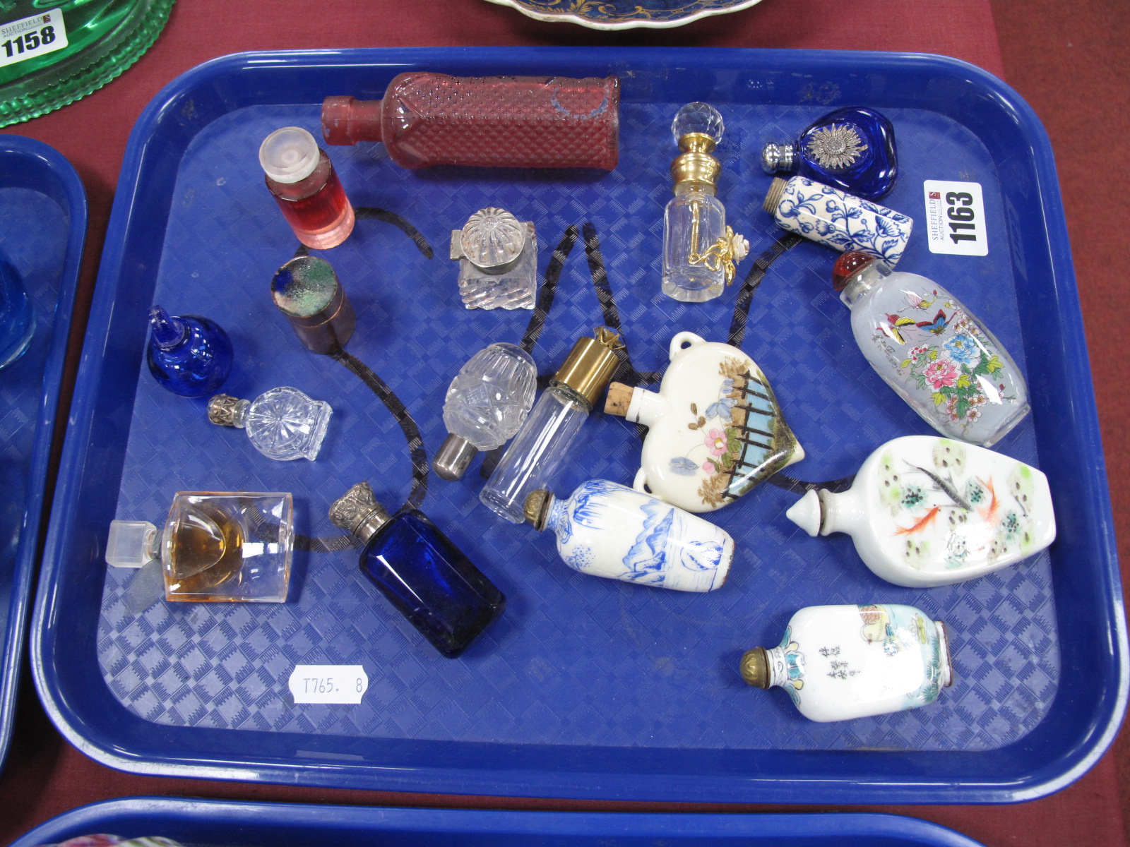 Oriental: Four Scent Bottles, in ceramic and glass European heart shaped and many others:- One Tray