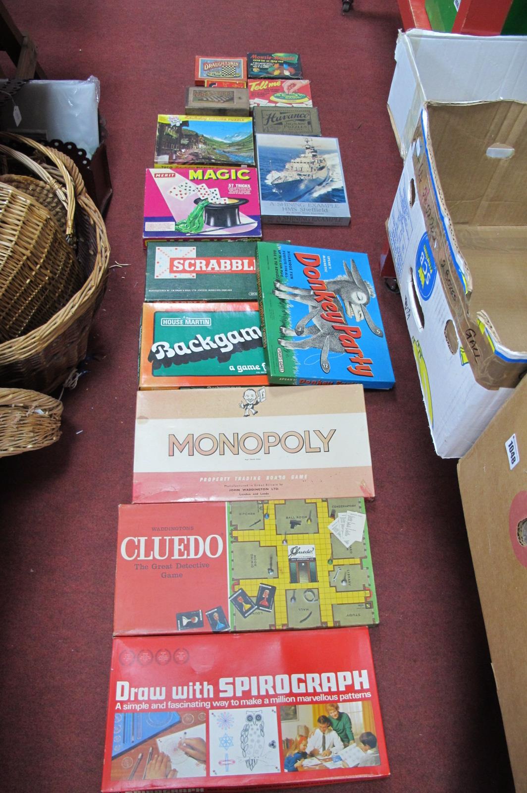 Monopoly, Donkey Party, Cluedo, Spirograph, draughts, chess, other games, Huvango, HMS Sheffield,