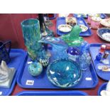 Mdina Textured Glass Cylindrical Vase, circular bowl, vase and apple, studio glass vases etc:- One