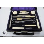 1930's Travelling Manicure Set, in black Morocco case.