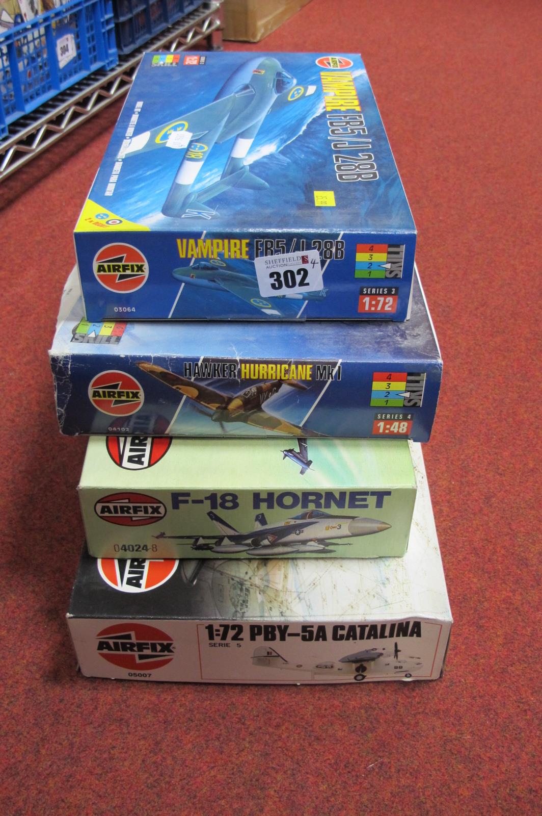 Three Plastic 1/72nd Scale Aircraft Kits, and one 1/48th scale by Airfix, including Hawker Hurricane