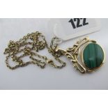 A Modern 9ct Gold Malachite and Mother of Pearl Inset Swivel Fob Pendant, on a 9ct gold chain,