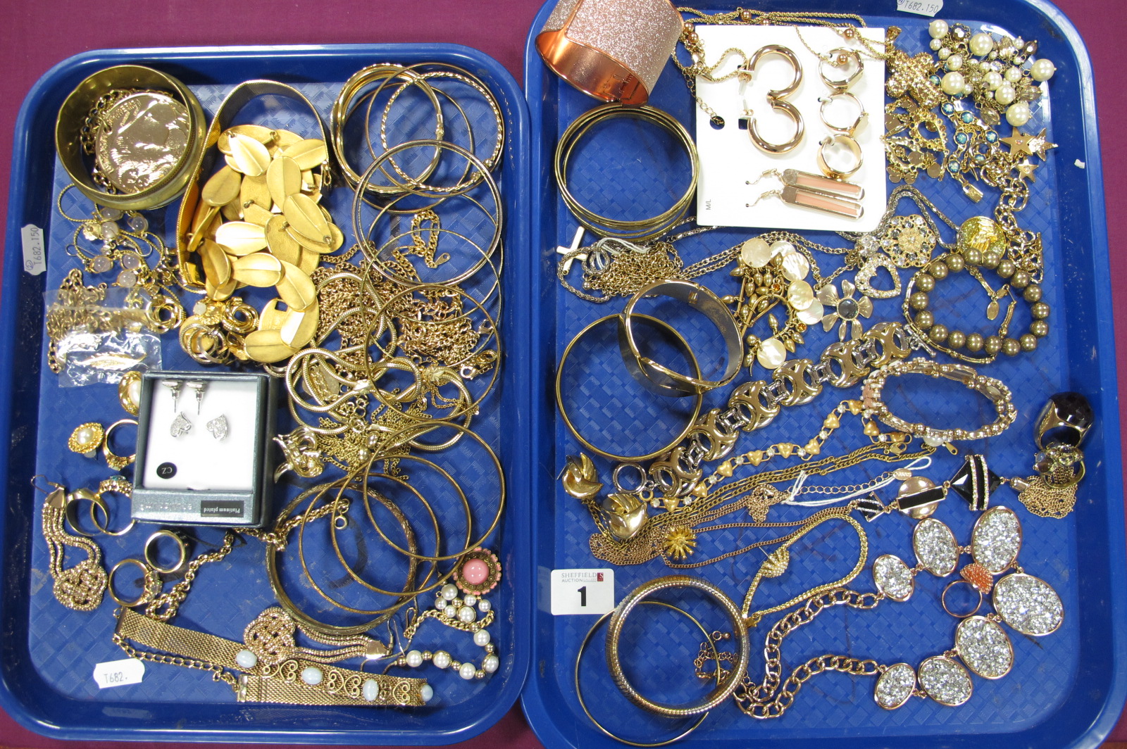 Assorted Modern Costume Jewellery, including bangles, dress rings, necklaces etc :- Two Trays