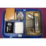 A Wentworth Pewter Double Cigar Case, initialled; a novelty swan ashtray, an EPNS baby's pusher