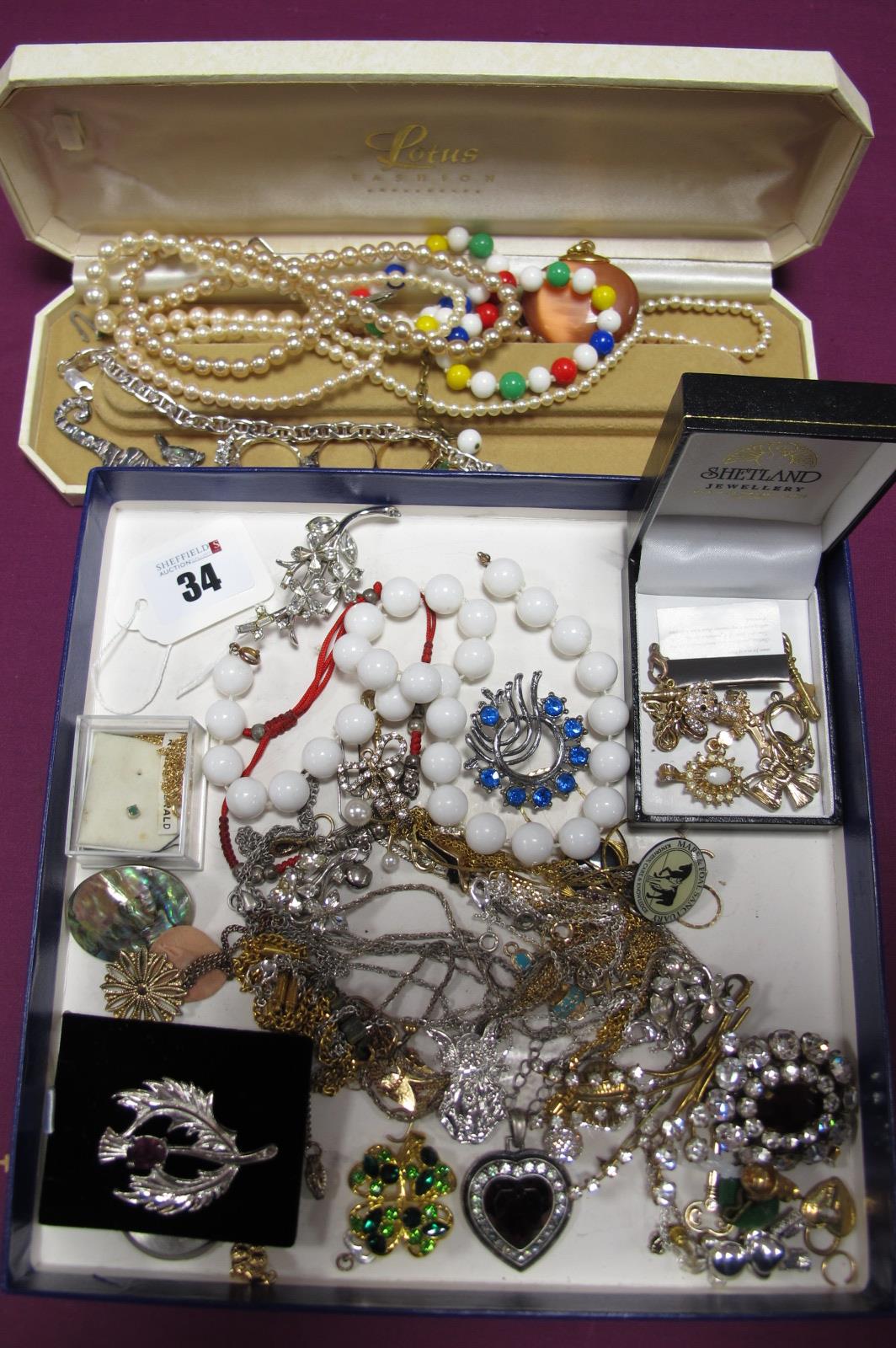 Assorted Costume Jewellery, including brooches, chains, imitation pearls, dress rings, Modernist