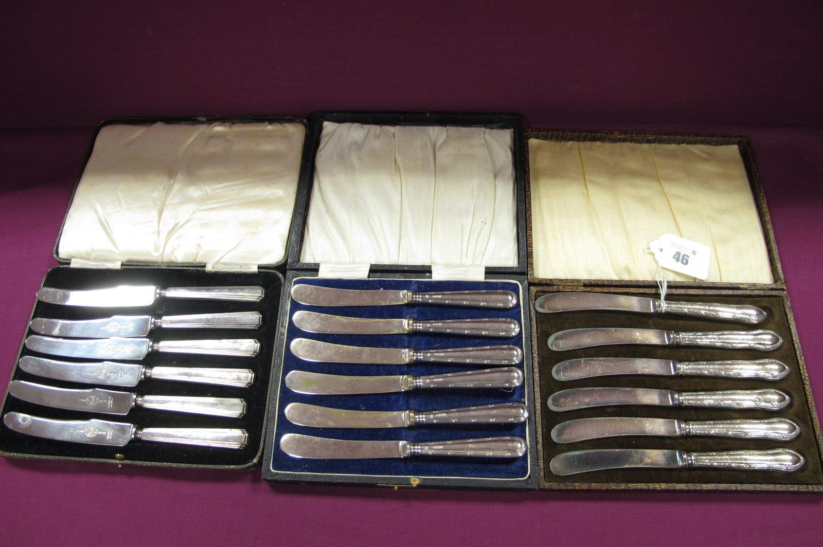 Three Sets of Six Hallmarked Silver Handled Tea Knives, two sets with ribbon and reed decoration, in