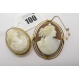 An Oval Shell Carved Cameo Brooch, depicting female profile, collet set within openwork mount,