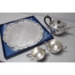 Garrard & Co; A Regent Plate Three Piece Plated Tea Set, together with a modern salver tray (boxed).