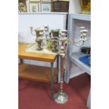 Tall Four Branch Metal Candelabra, 101cm high; two small plated examples, pair brass vases, mortar