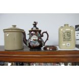 XIX Century Barge Ware Teapot 'A Present From a Friend', 31cm high and Stand (damages); 'The
