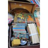 Giles and Ladybird Books, tea barrel, brass bell, coasters, cutlery, boxes, trays.