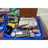 Pocketwatches, magnifiers, postcards, lighter, etc:- One Tray