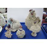 Five German Lace Dress Figurines:- One Tray