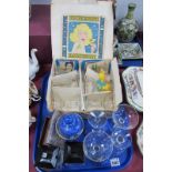 Babycham Glasses, two faceted preserve jars, silver pin cushion, etc:- One Tray.