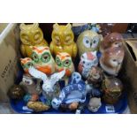Owls - Two pottery money boxes, glass paperweight, etc:- One Tray