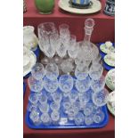 Ships Decanter, water jug, quantity of drinking glasses:- Two Trays