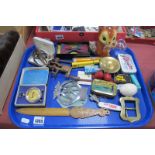 Voltmeter, screw clamp 'Arial Ultra' knife, carved paper knife, AA car badge, tins, etc:- One Tray.