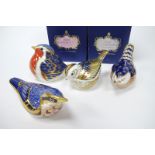 Four Royal Crown Derby Porcelain Paperweights; Nuthatch, 11.5cm wide, Firecrest, Robin and Wren, all